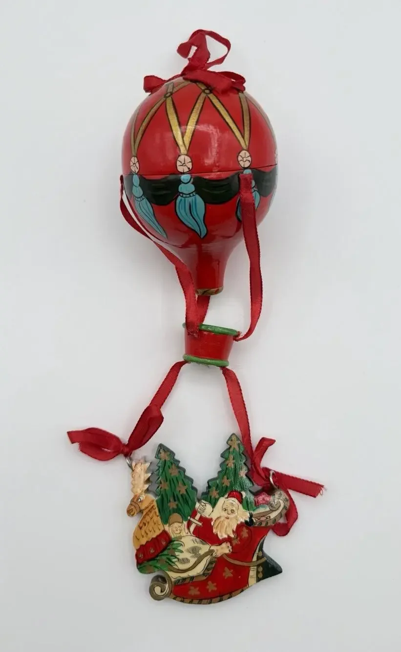Nesting Doll Style Hot Air Balloon Santa & Sleigh Hand Painted Christmas Decor